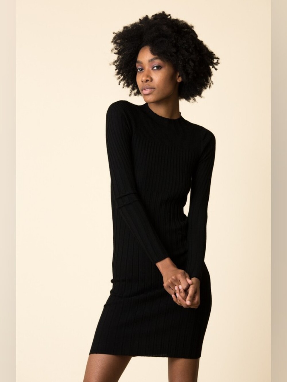 ATM Ribbed Merino Wool  Long-Sleeve Knit Dress - Black Size P